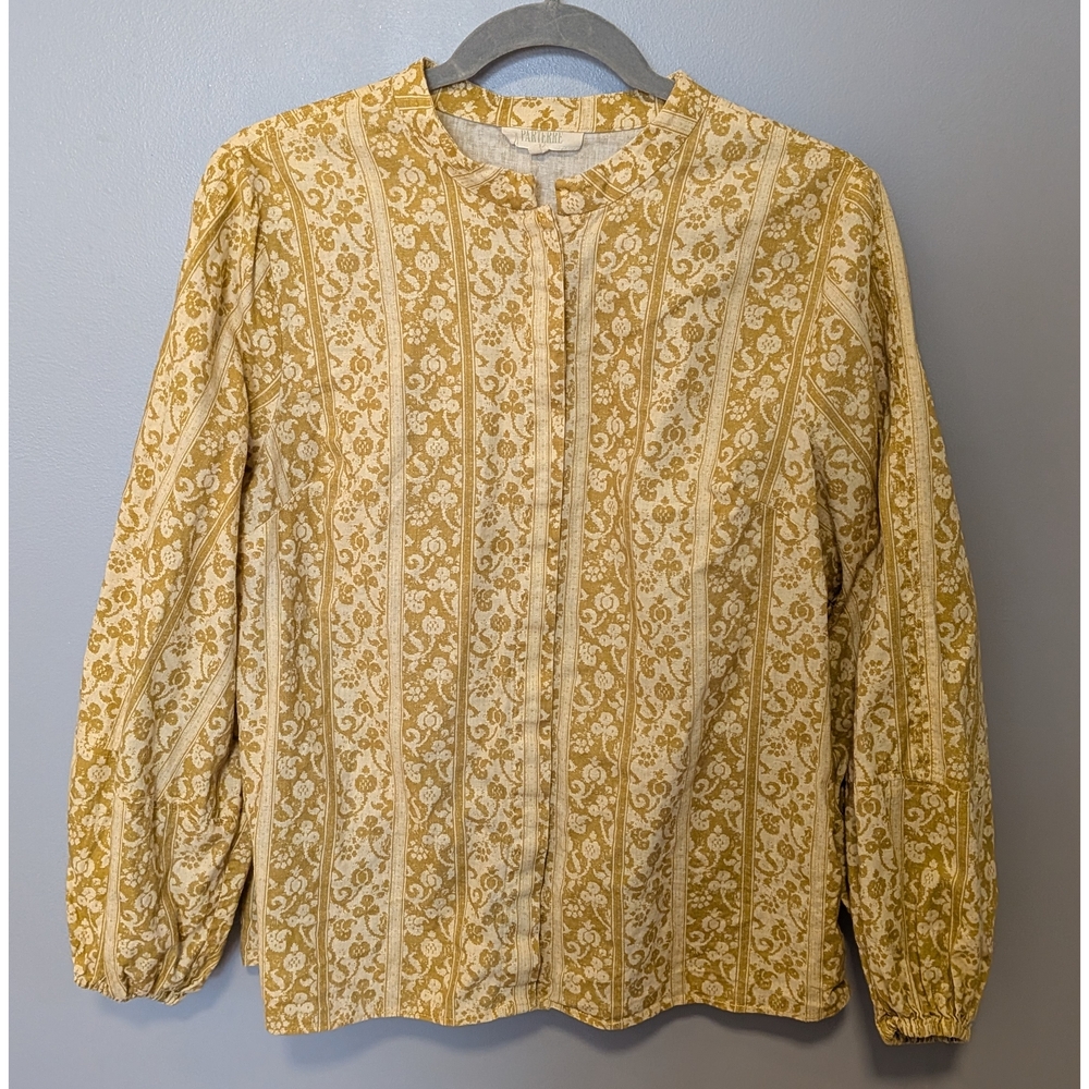 Parterre Yellow Patterned Long Sleeve Linen And Cotton Blouse Size Medium